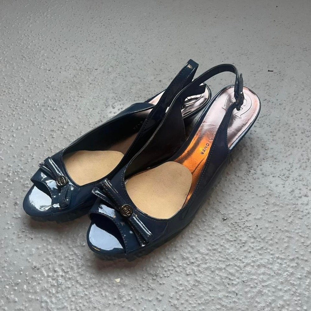 Etienne Aigner Navy blue kitten heel shoes Slingback Wedge Peep Toe Bow 11